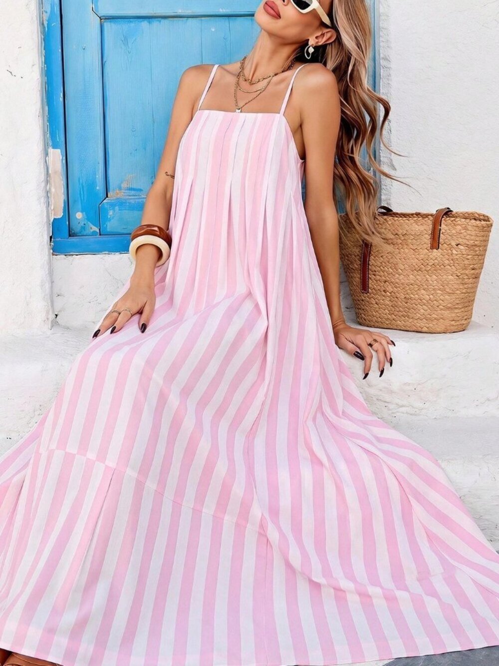 Baby Pink Casual Women's Mediterranean Striped maxi Dress